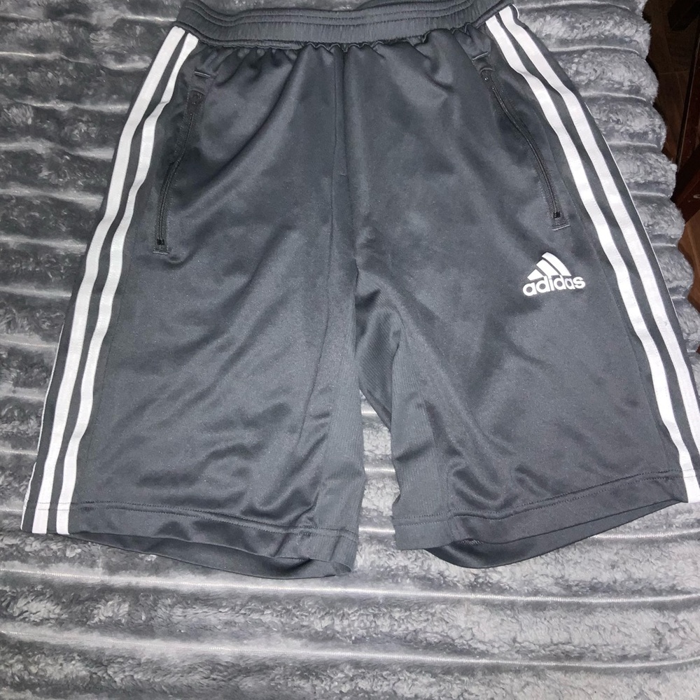 Adidas Gray Athletic Shorts with Three-Stripe Design